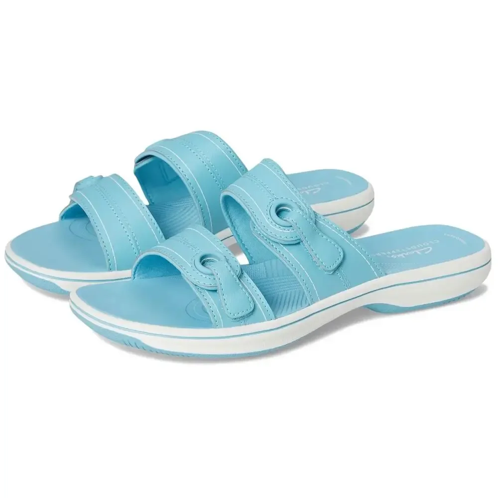 NEW Clarks 9 Breeze Maye Sky Blue Sandals Slide Cloudsteppers Comfort Walking - Picture 1 of 11
